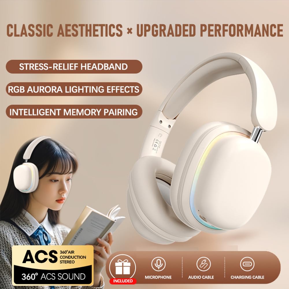 IHAO Auriculares Bluetooth RGB plegables con cancelación activa de ruido, micrófono desmontable, larga duración de reproducción, conexión de dispositivo doble, entrada AUX, almohadillas suaves para PC