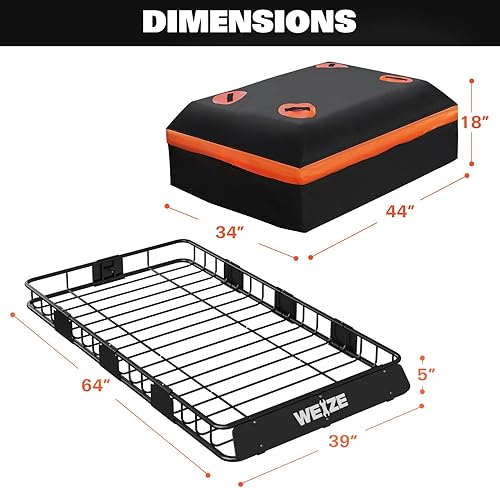 Miniatura 10 de WEIZE Portaequipajes resistente de 54 x 34 pulgadas, cesta de carga para techo con bolsa impermeable, correa de amarre, red, extensión de estante y