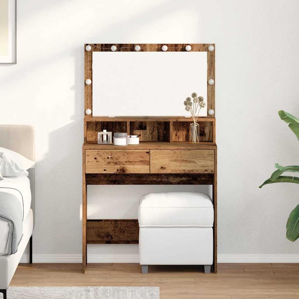 Tavolo da trucco in legno ingegnerizzato legno vecchio con specchiera e luci LED USB 80 x 41 x 134,5 cm, 2 cassetti ampio spazio, mobiletto consolle per camera da letto donna ragazza