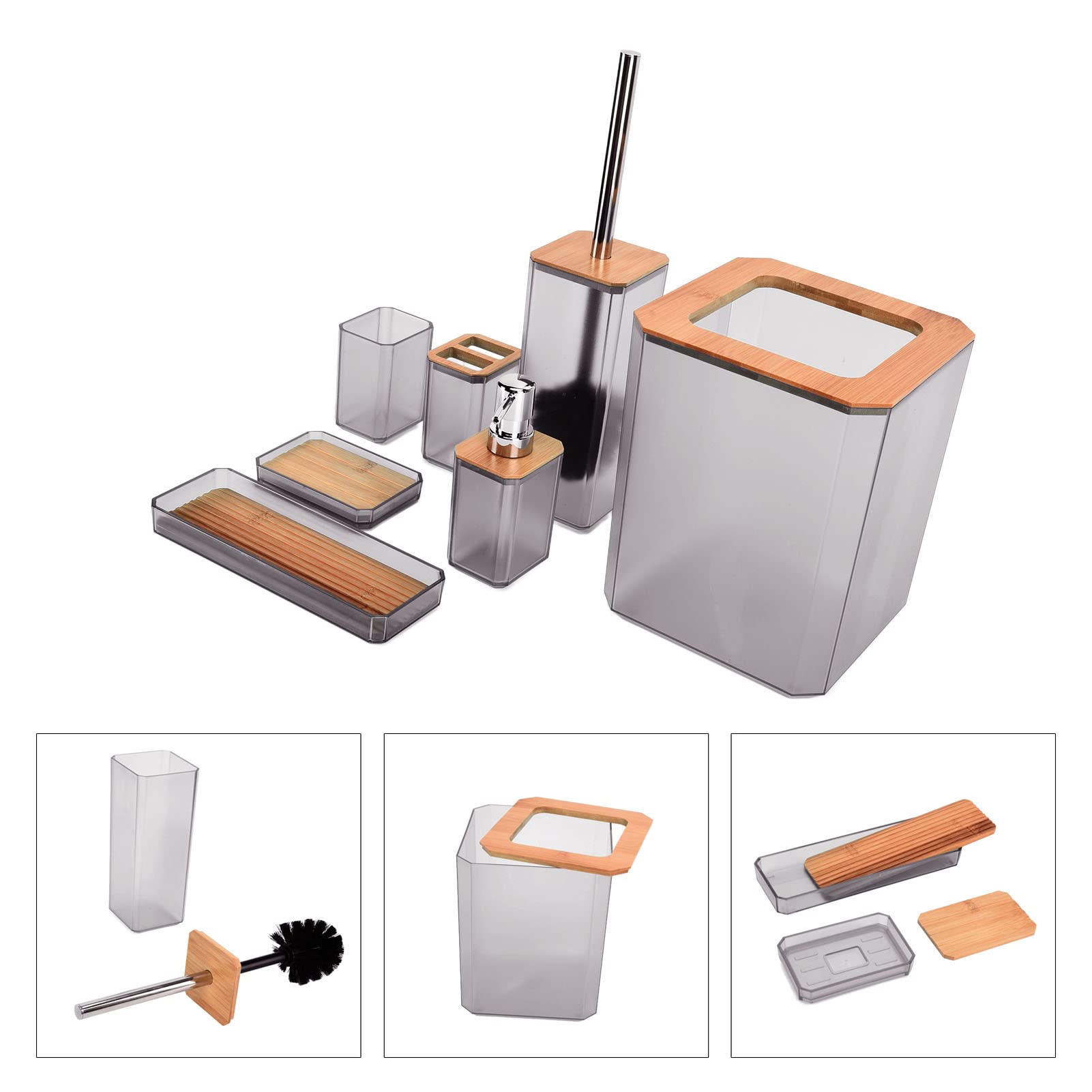 Juego de Accesorios de Baño de bambú, Juego de Baño de 7 Piezas con Caja de ABS, Soporte para Cepillo de Dientes, Escobilla de, Bote de Basura y Bandeja para el Hogar, Hotel, Apartamento