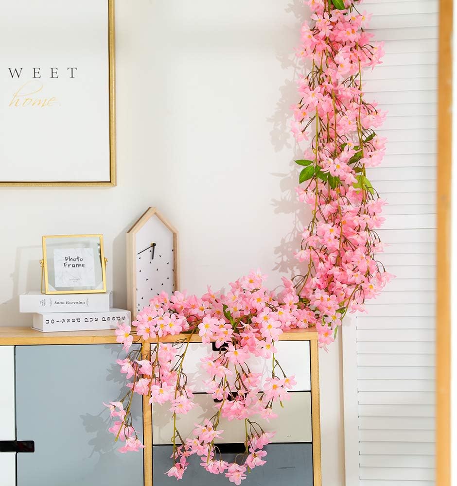 JUSTOYOU 2 x 5.7 ft Artificial Sakura Cherry Blossom Hanging Flowers Vine Fake Sakura Garland Fake Oriental Garland Garland Home Garden Wedding Party Decor (Pink) - Image 4