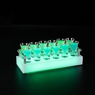 FLYILIA グラスホルダー ショットグラス セット グラススタンド LEDライト付き アクリル製 充電式 グラス置き トレー カクテルグラス タンブラーグラス 業務用 家庭用 御洒落 割れにくい 発光 繰り返し使用可能 点灯 バー用品 ディスプレイ 装飾 雰囲気作り バー ナイトクラブ カラオケ パーティー 専用ACアダプター付 (12本用スタンド+グラス30ml)