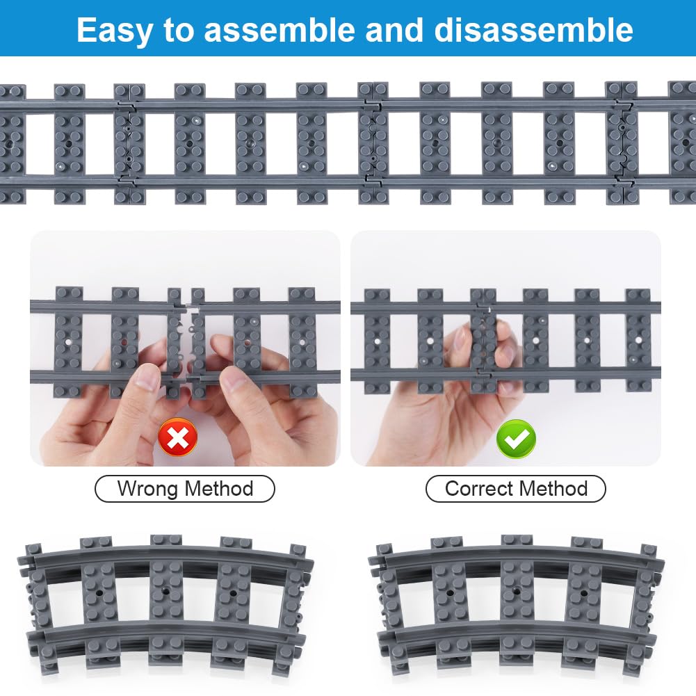 HOTUT City Vías para Tren de Juguete,60pcs Vías de Tren,Vías de Tren Rieles de la Ciudad Rieles de Bloques de Construcción de Ciudad,Compatible con Todas Las Grandes Marcas,Juguetes de Construcción