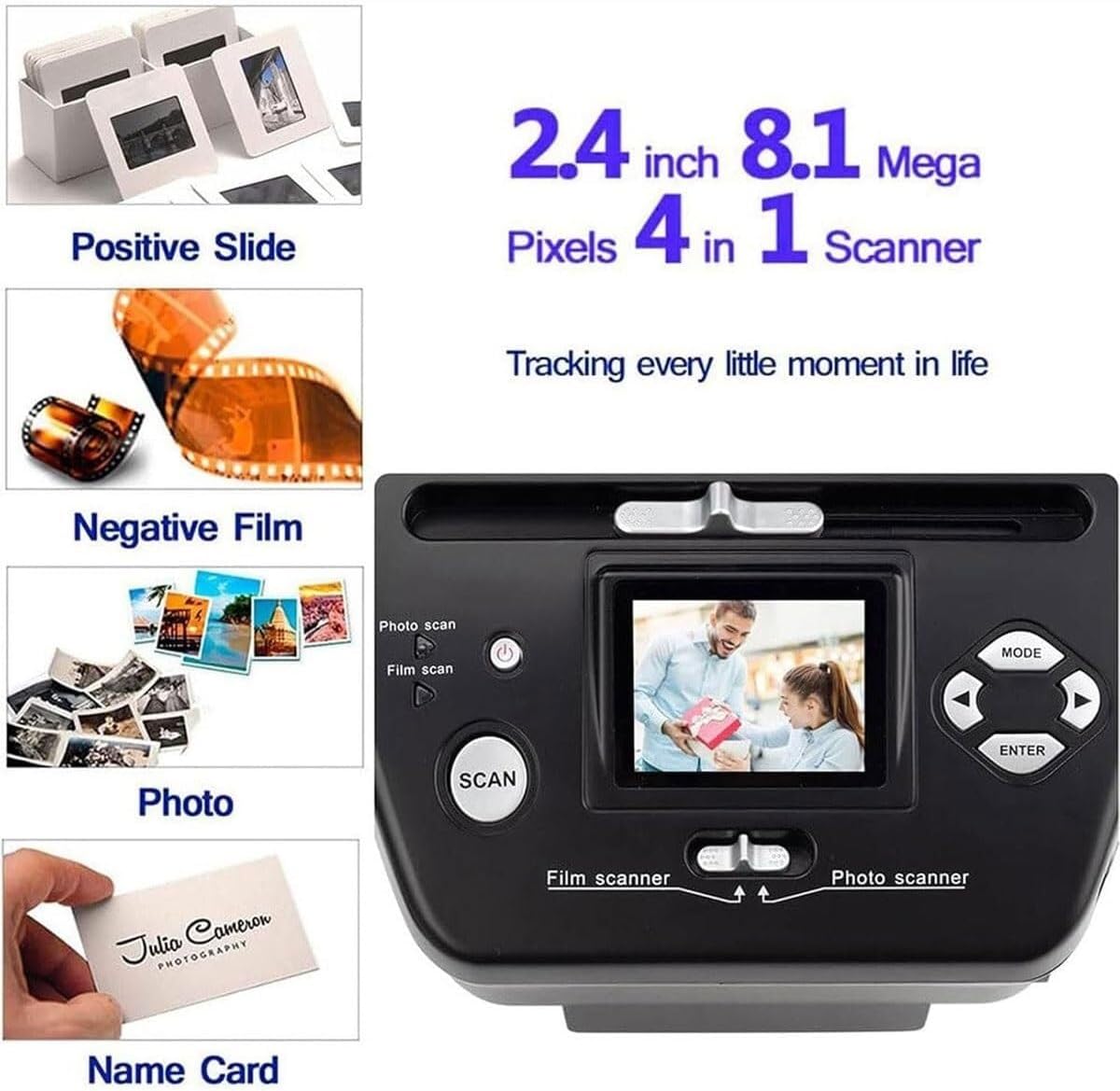 High Resolution Slide Negative Scanner, Digital Film Slide Scanner with 2.4 Inch LCD Screen and 8.1 Megapixel Sensor, Built-in 128 Mb Memory for 3 * 5/4 * 6/5 * 7 Photos