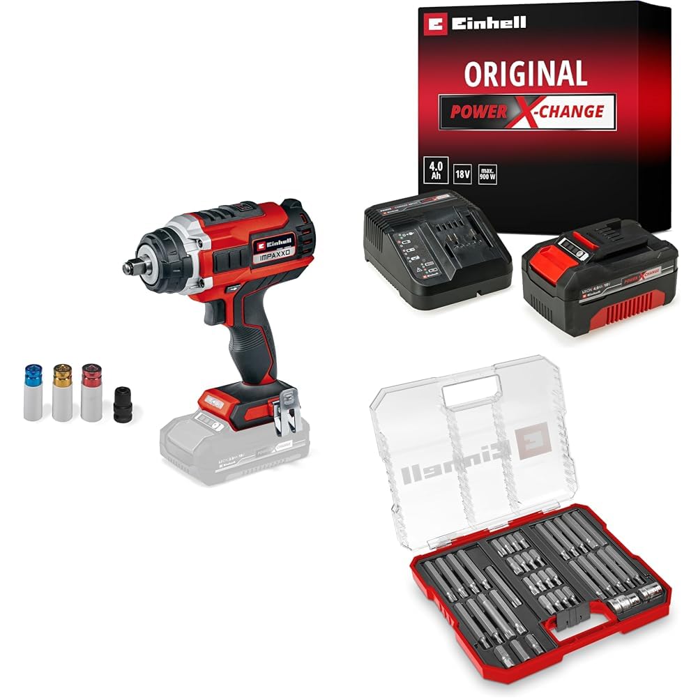 Einhell IMPAXXO 18/450 - Solo, Kömürsüz Akülü Darbeli Somun Sıkma + 18V 4,0 Ah PXC Starter Kit, Akü ve Şarj Cihazı + Bits uç seti 40 parça, M-CASE kutu