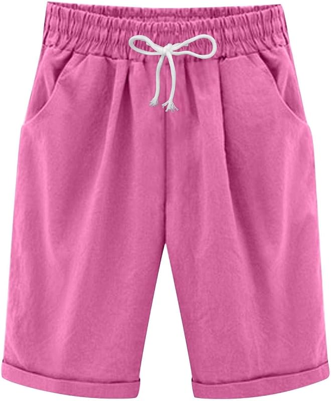Summer Knee Length Shorts for Women 2025 Cotton Linen Bermuda Shorts Elastic Waist Workout Shorts Casual Loose Beach Shorts