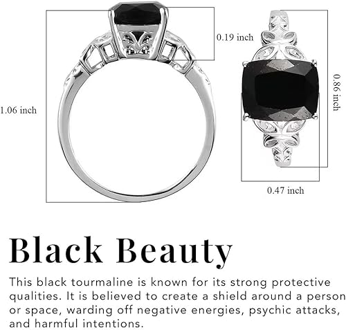 Miniatura 3 de Black Tourmaline Ring in 925 Sterling Silver - October Birthstone Rings for Women - Engagement Promise Floral Statement Vintage Solitaire Tourmaline