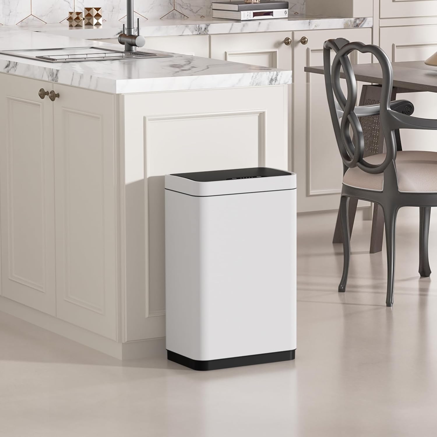 Mbillion Automatic Touchless 15 Gallon Motion Sensor Trash Can Stainless Steel Smart Trash Cans with Lid Rectangular Garbage Can for Kitchen Bedroom Home Office White