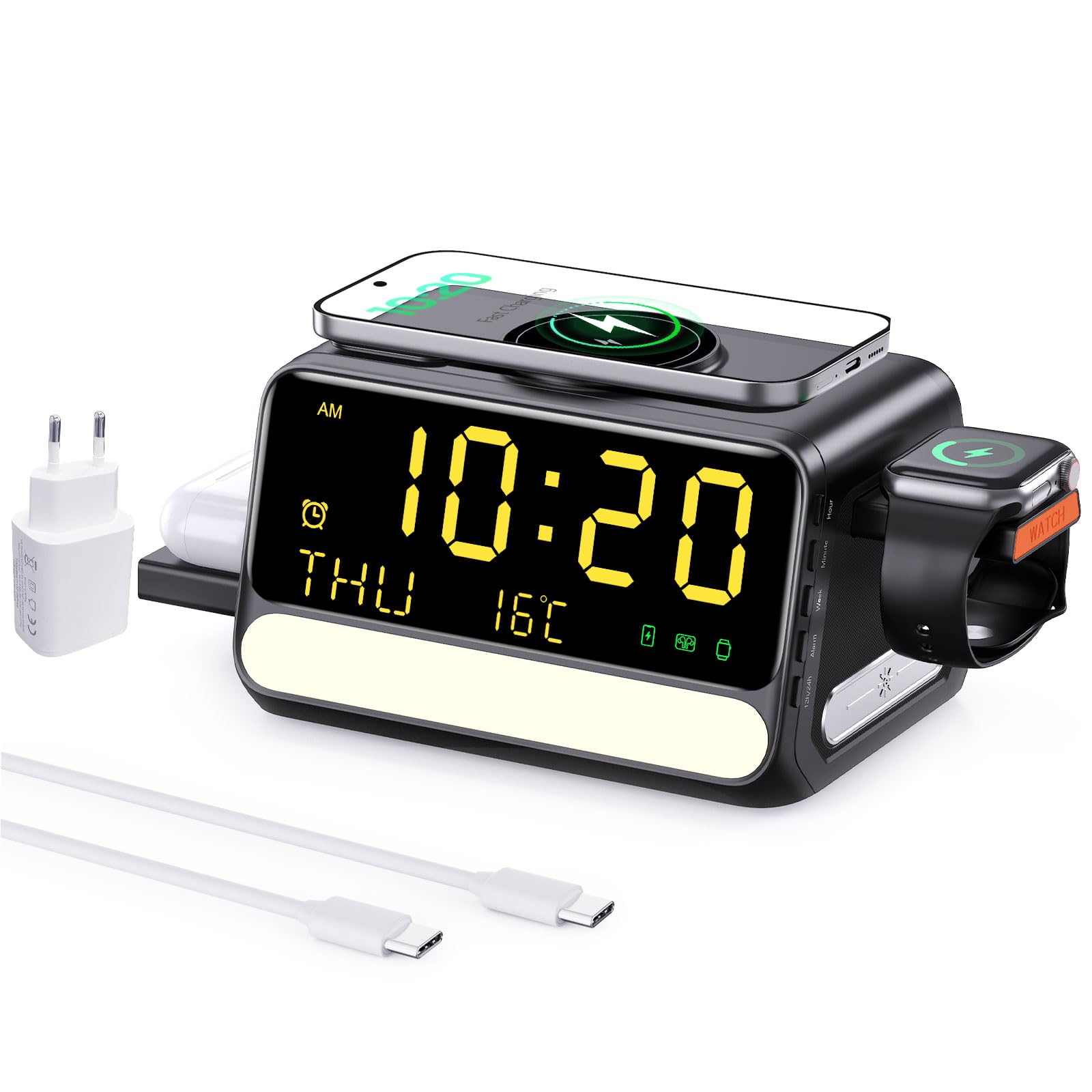 Estación de carga inalámbrica 7 en 1 con despertador, luz nocturna con control de voz, temperatura y fecha, adaptador de 33W, soporte de carga rápida compatible con iPhone Samsung, Apple/Samsung Watch