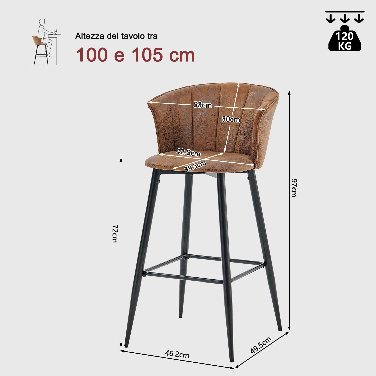MEUBLE COSY Set di 2 Sgabelli da Bar o Cucina Industriale, Altezza di 72cm, con Schienale e Poggiapiedi, Imbottiti in Pelle Scamosciata, per Bancone, Sala da Pranzo e Sgabello da Bistrot, Marrone