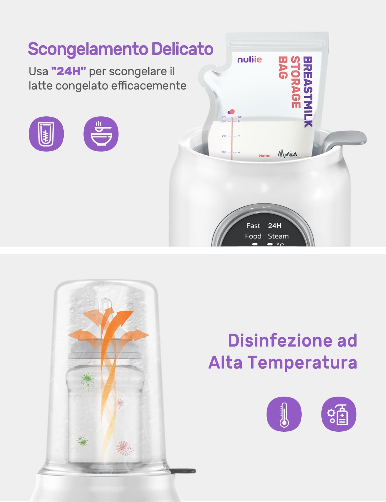 Scaldabiberon, Nuliie 10-in-1 Scaldabiberon Elettrico per Latte Materno o Formula con Timer Digitale Display LCD Controllo Intelligente Della Temperatura e Spegnimento Automatico, 220V