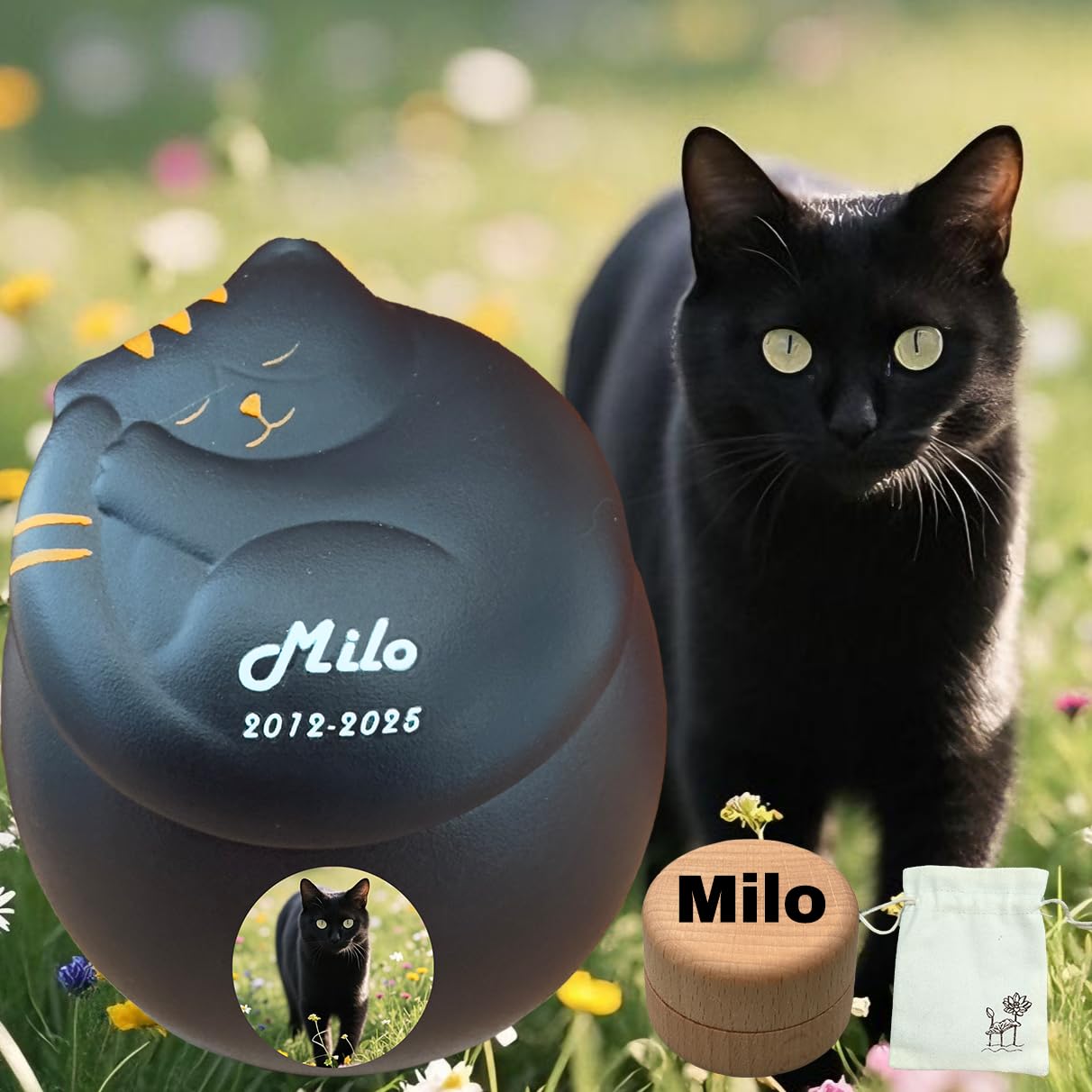 Urna per gatti,Urna per animali domestici per ceneri di gatti, personalizzate personalizzate,Urna in ceramica,Fatto a mano,Urna per piccoli animali (nero)