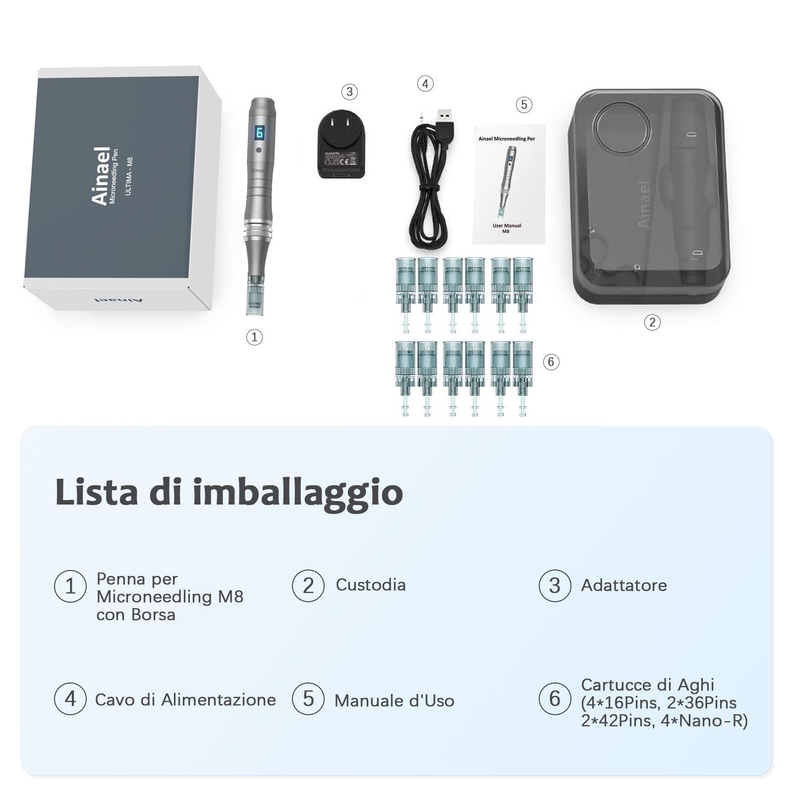 Ultima M8 Microneedling Pen, Macchina Professionale Microneedling Senza Fili, Microneedling Penna Kit per Viso Corpo Capelli Barba Crescita Regalo per Donne - 12 Cartucce di Ricambio