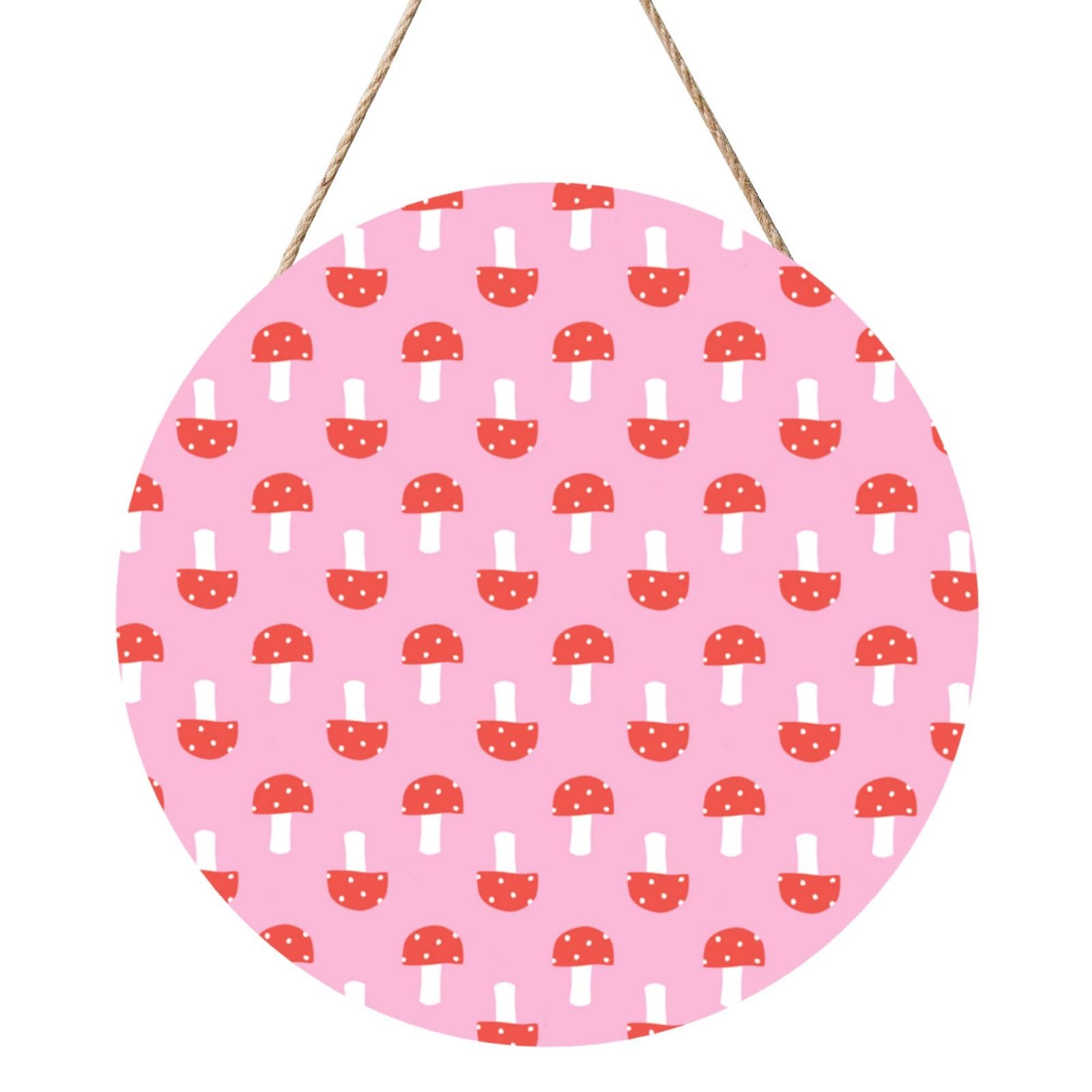 InOmak Mushrooms Pink Red, Round Wood Panel Painting 12 in, Wall Hanging Painting For Home