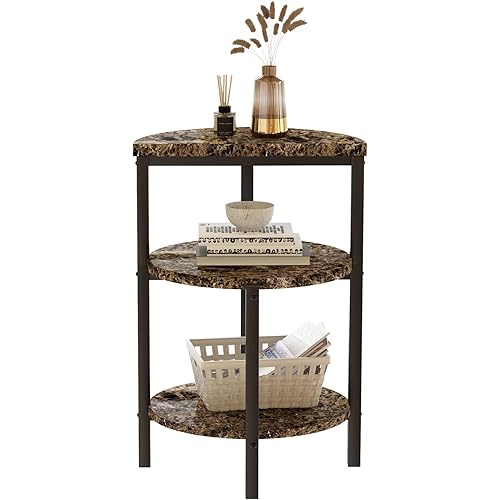 AWQM Round End Table/Side Table,Faux Marble Small Coffee Table,Accent Table with Unique Half Round Top,Modern Sofa Side Table with Metal Frame,Bedside Table,for Living Room,Bedroom, Brown