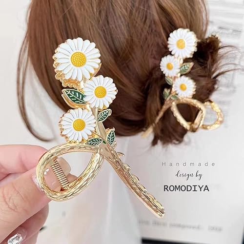 Miniatura 3 de Pinzas para el cabello de flores con margaritas blancas, pinzas grandes de metal dorado para el cabello, no se deslizan, pasadores de pelo de moda,
