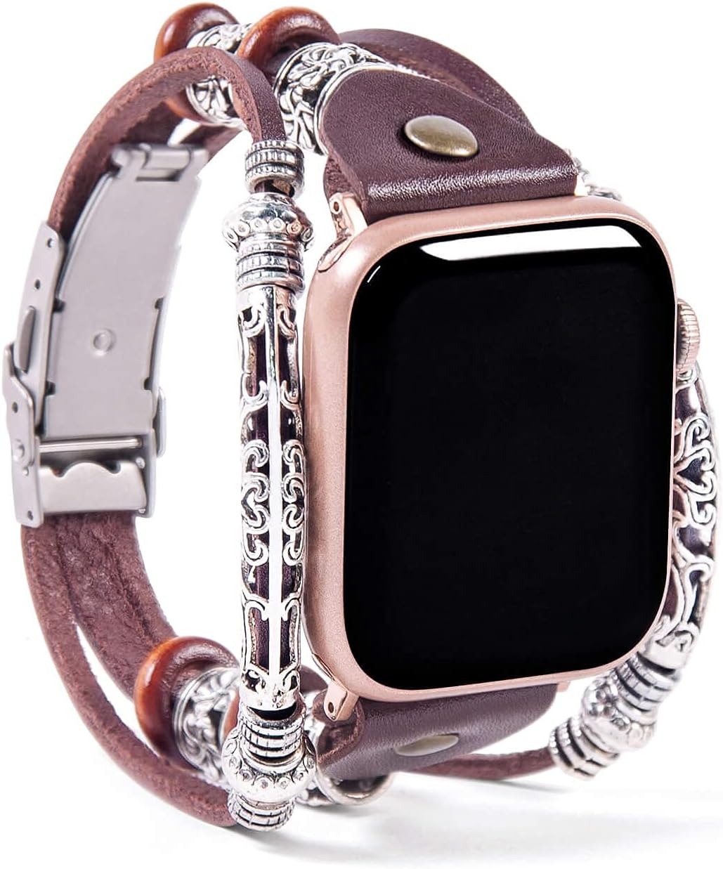 FTWIND Watch Band Compatible With Apple Watch Iwatch Iphone 44/42/40/38mm Series 6 5 4 3 2 1 SE Women Men Bracelet Leather Cuff Fancy Vintage Boho Bling Metal Braided (Brown/Rosegold,38)