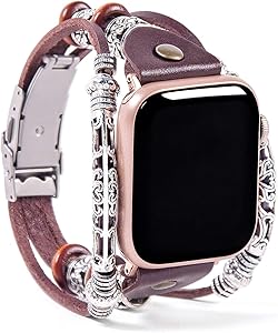 FTWIND Watch Band Compatible With Apple Watch Iwatch Iphone 44/42/40/38mm Series 6 5 4 3 2 1 SE Women Men Bracelet Leather Cuff Fancy Vintage Boho Bling Metal Braided (Brown/Rosegold,38)