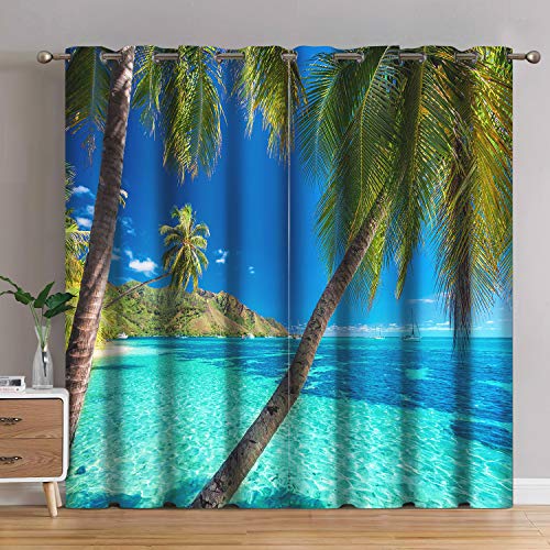 Jekeno Ocean Palm Tree Blackout Curtains Tropical Beach Theme Clear Sea Island View Seaside Scenery Print Grommet Window Drapes Decor for Bedroom Living Room Blue 2 Panel Set, 52"x84"