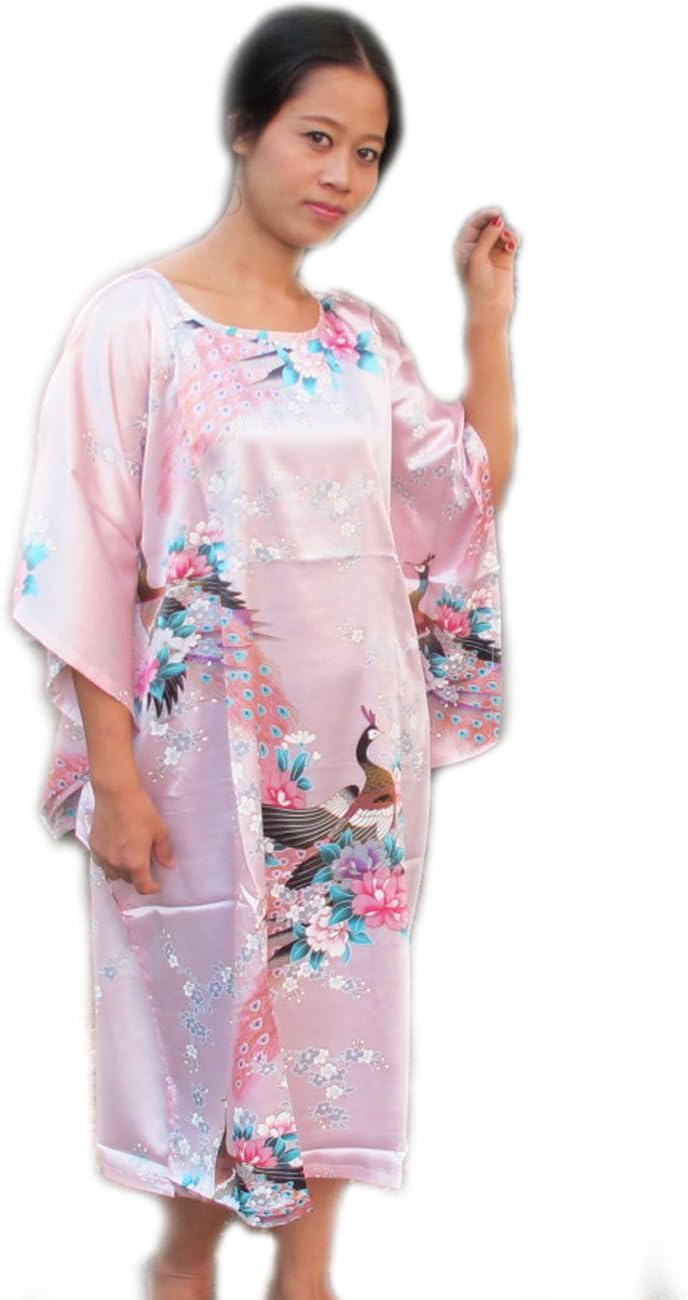 AromD Women's Kaftan Dress Short Caftan Peacock & Blossom Design, Pink