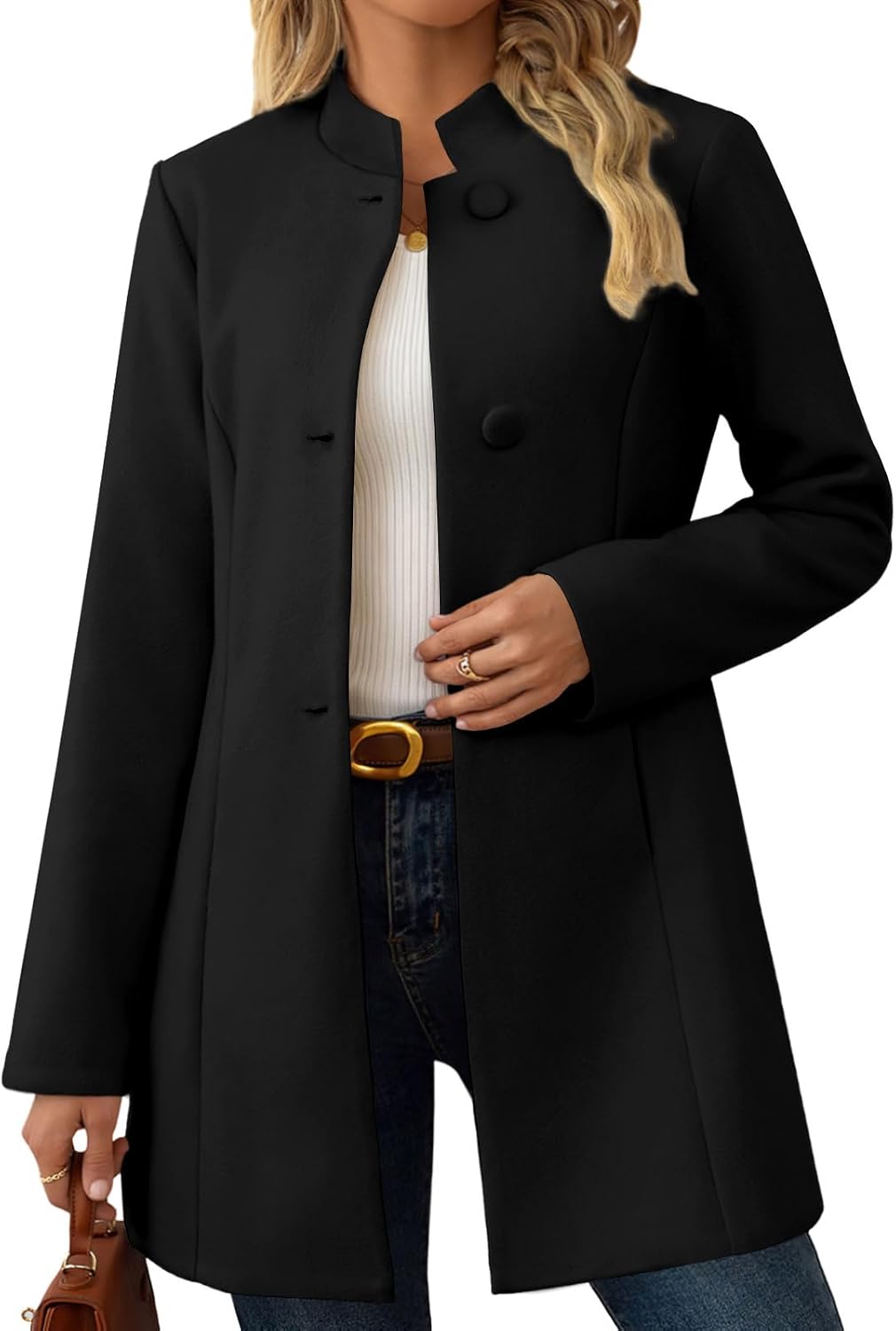 ebossy Women's Casual Stand Collar Single Breasted Wool Pea Coat Back Slit Slim Fit Mid-Long Blazer Coats with Pockets