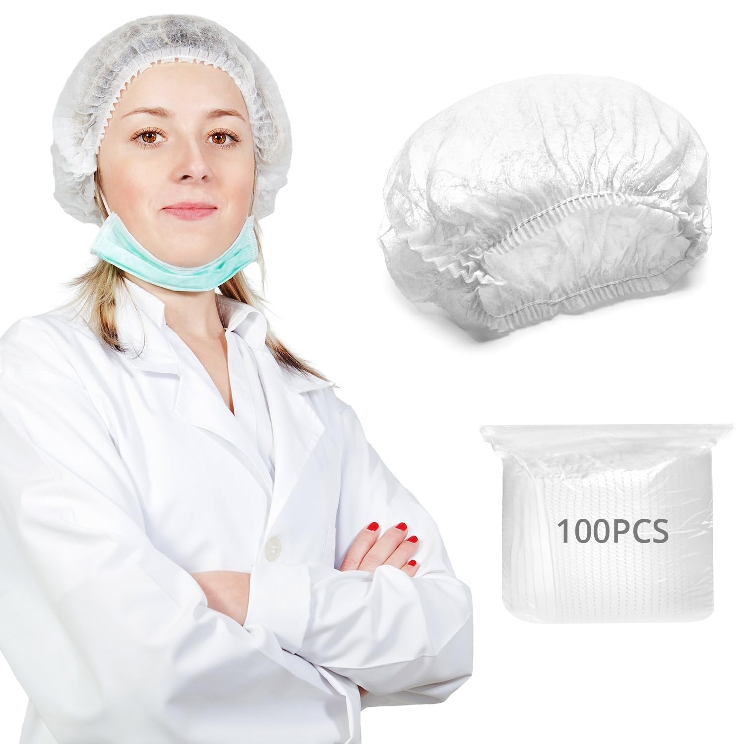 Qwork White Qwork® 100X Mob Caps 21" Non Woven Disposable Hair Nets With Double Elastic For Hygiene And Comfort