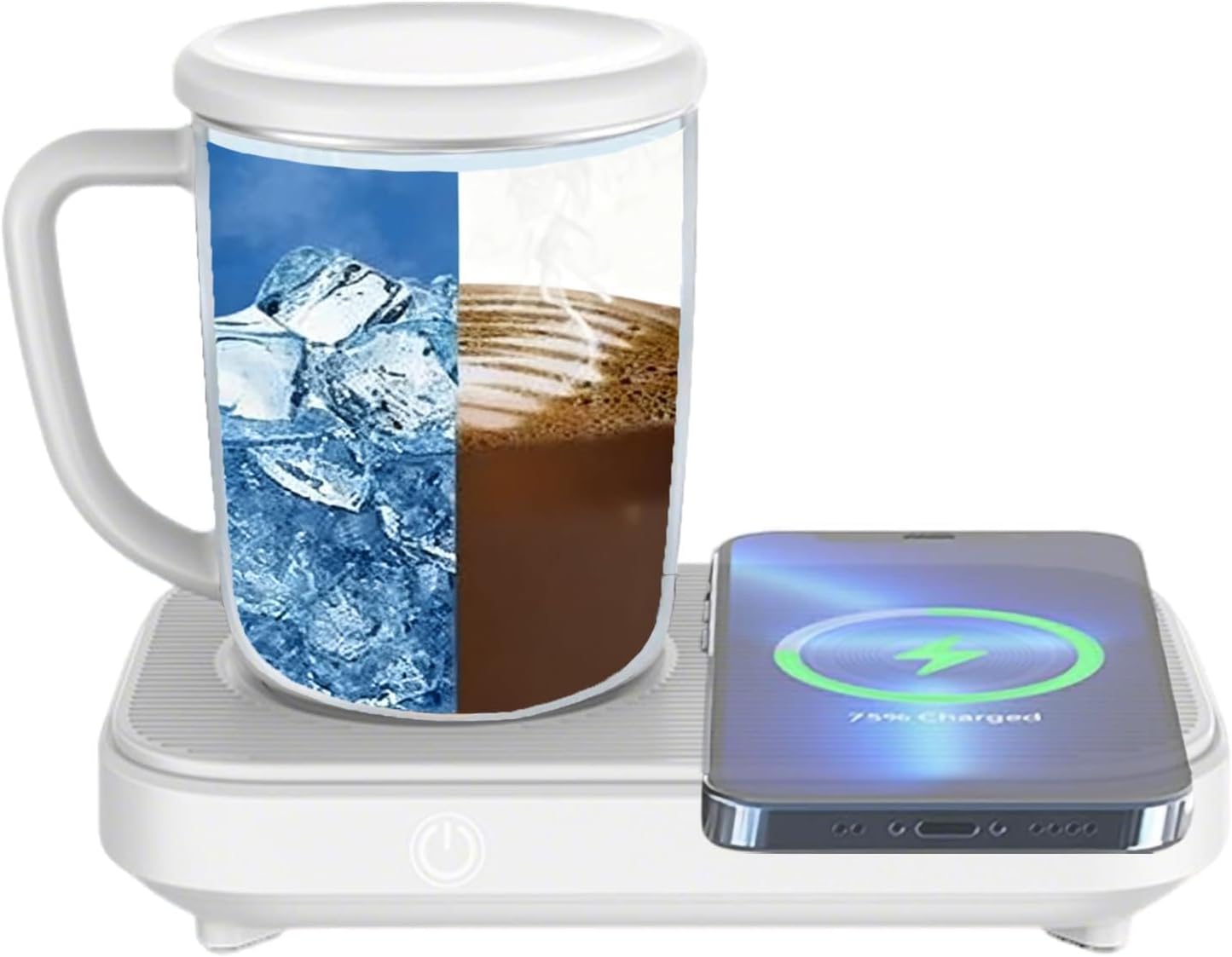 Self Heating Coffee Mug, 3 in 1 Coffee Mug Warmer & Mug Lid Set, Up to 130℉ Or Down to 40℉ for Home Office Traveling Gym for Coffee, Beverage, Tea, Water, MilkWhite,