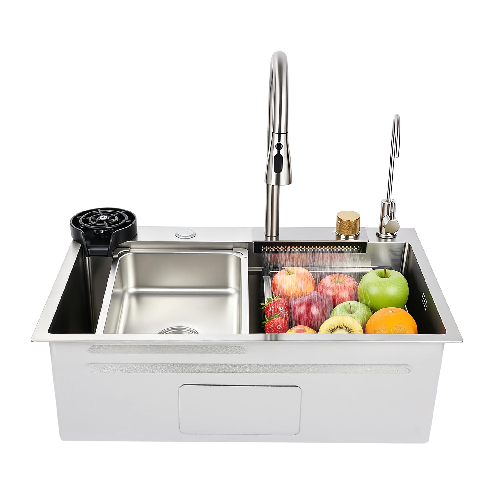 Fregadero de cocina 68 × 35 × 21 cm, acero inoxidable 304, 4 modos, juego completo | Grifo extensible con diseño de doble etapa, incluye 5 puntos de montaje preperforados, sifón y sistema de filtro