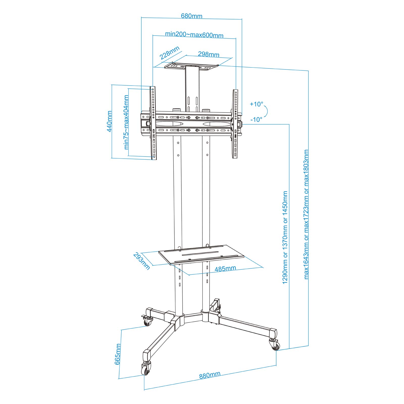 TOOQ FS1470M-B - Soporte de Suelo para TV/LED de 37" a 70" (móvil, Dos Bases para Audio Video, Regulable en Altura) Color Negro