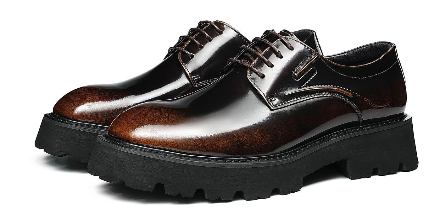 Santimon Mens Top-Grain Leather Oxford Dress Shoes Handmade Lace-Up Plain Toe High-Shine Finish Chunky Platform Lug Sole Cushioned