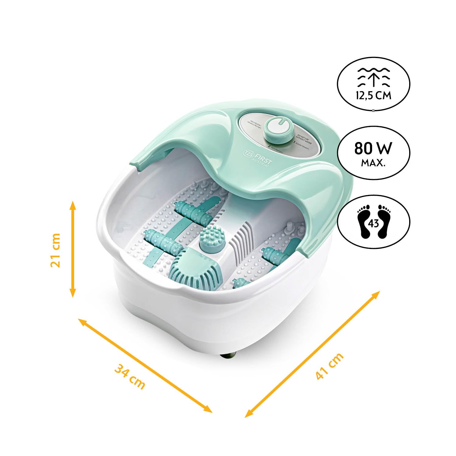 TZS First Austria - Pediluvio Massaggiatore - 80W - Luce Rossa & Funzione Mantenimento Calore - Fino al Numero 43 - Idromassaggio Plantare con 3 Accessori & Box Aroma - Maniglia Pieghevole - Turchese