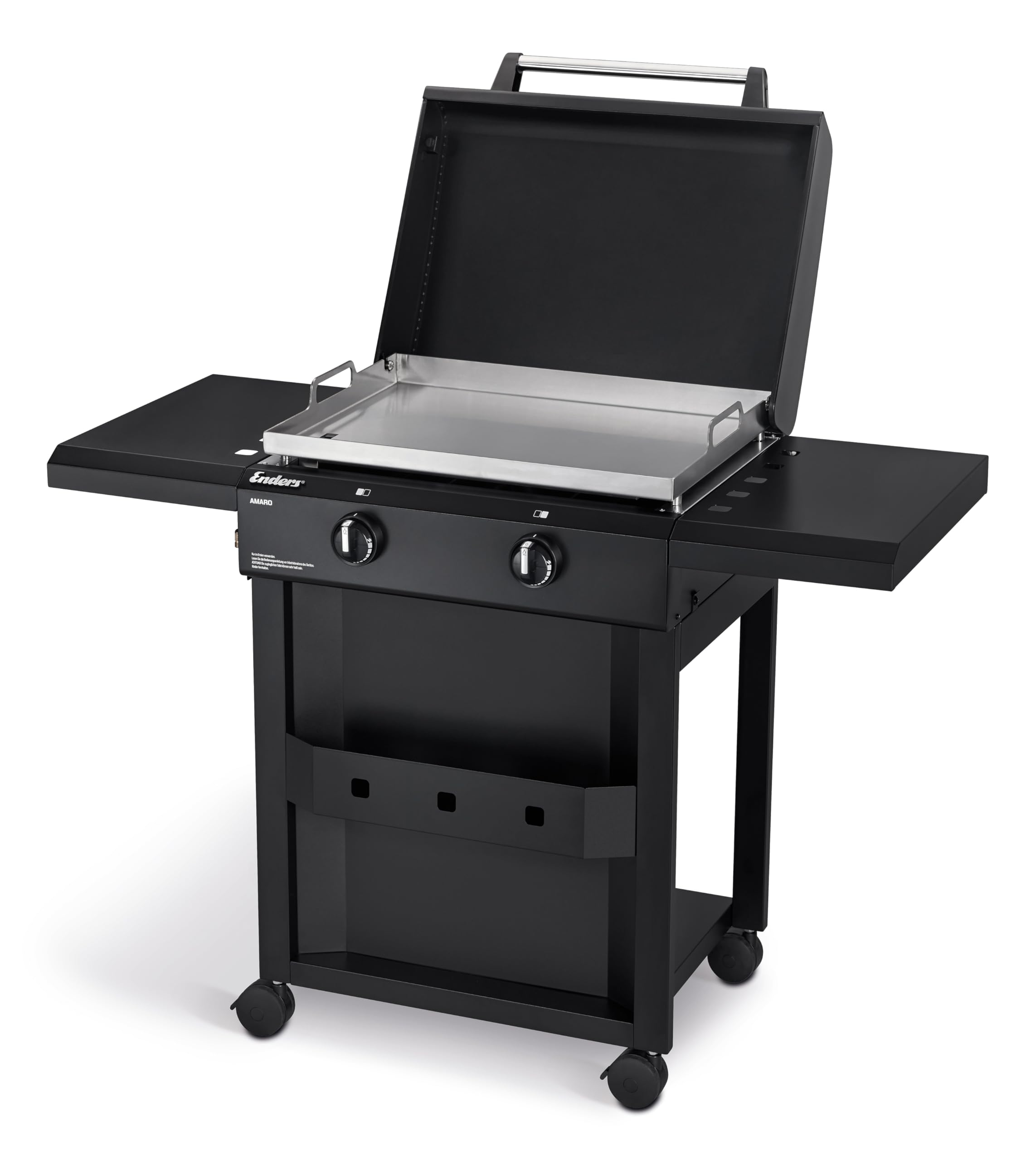 Enders® AMARO 2 Plancha Gasgrill Griddle, 2 Edelstahlbrenner, massive Edelstahl-Plancha mit Tragegriffen, große Grillfläche, abnehmbare Haube, abnehmbare Körbe, Ablagefach, #82206