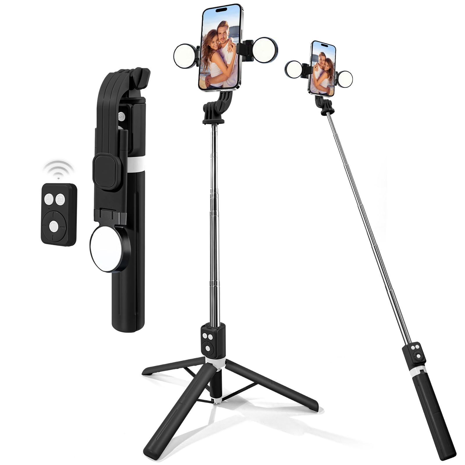 3-in-1 Selfie Stick Tripod with Fill Light, 43'' Extendable Travel Phone Stand with Wireless Remote & Portable Holder Compatible with iPhone 16 Pro