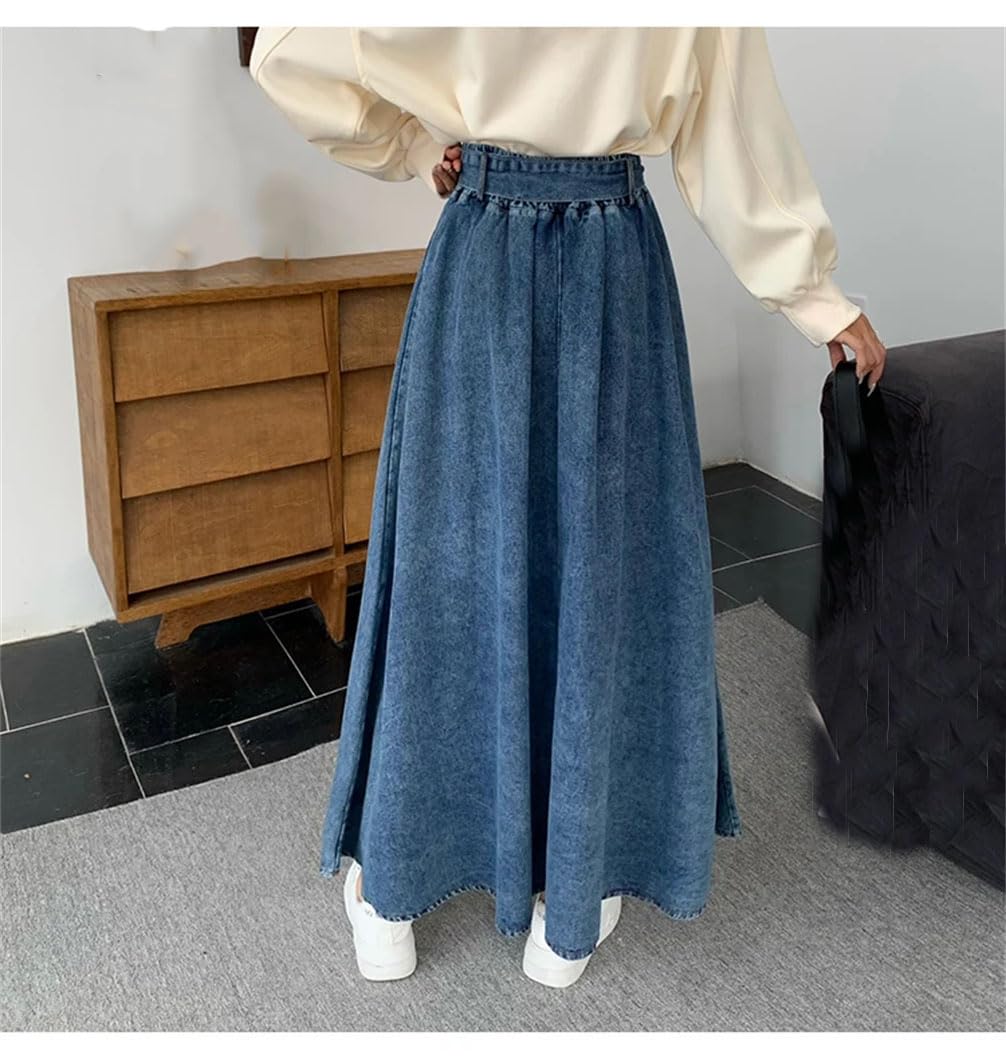 Falda de mezclilla plisada vintage para mujer, casual, lisa, holgada, de cintura alta, falda larga