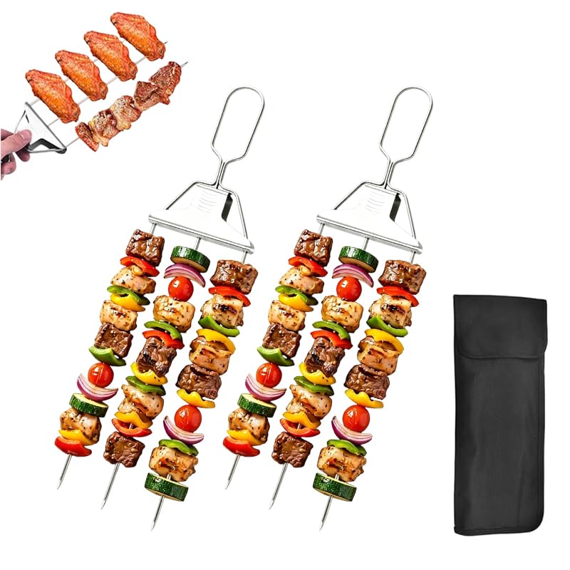 3 Prong Skewers for Grilling 14.7 Stainless Steel BBQ Skewer with Push-Off Slider Reusable Metal Kabob Skewers Outdoor Grill Accessories with Storage Bag for Meat Vegetables Chicken (2 Fork)