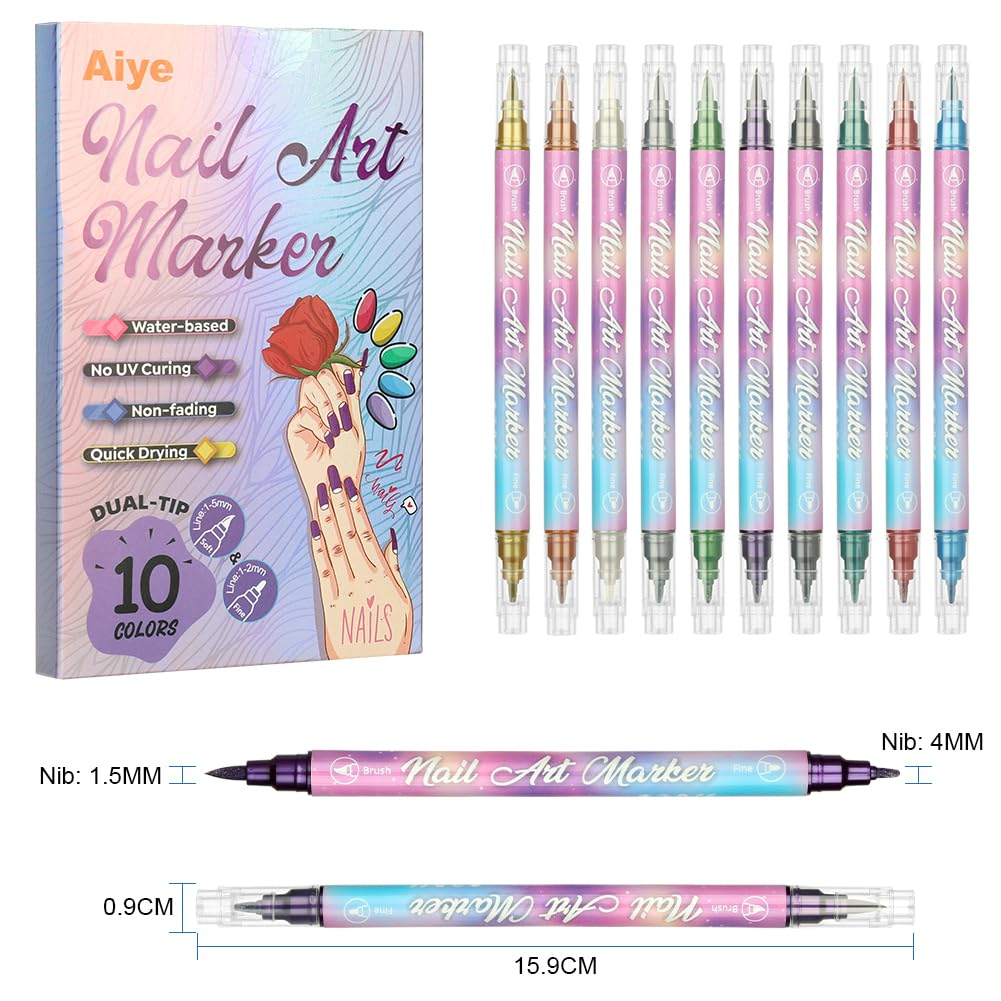 AOOWU Penne per Nail Art, 10 Penne Smalto per Unghie Nail Art, Smalto in Penna per Pittura Decorazioni Unghie per Disegno, Penna per Fai Da te Graffiti Pen Manicure Strumenti Bellezza（Bicefalo）
