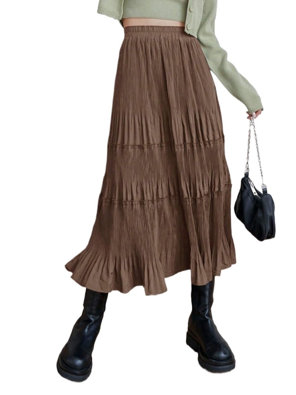 Womens Casual Ruffle Hem Pleated Loose Midi Skirt Trendy Stylish Skirts