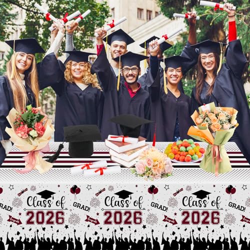 Image of Graduation Decorations Class of 2026 Tablecloth - 3 Pcs Plastic Congrats Grad Table Cloth, Graduations Table Cover for Graduation Party Decorations 2026 and Party Supplies, 54 inchx108 inch (Maroon and Black)