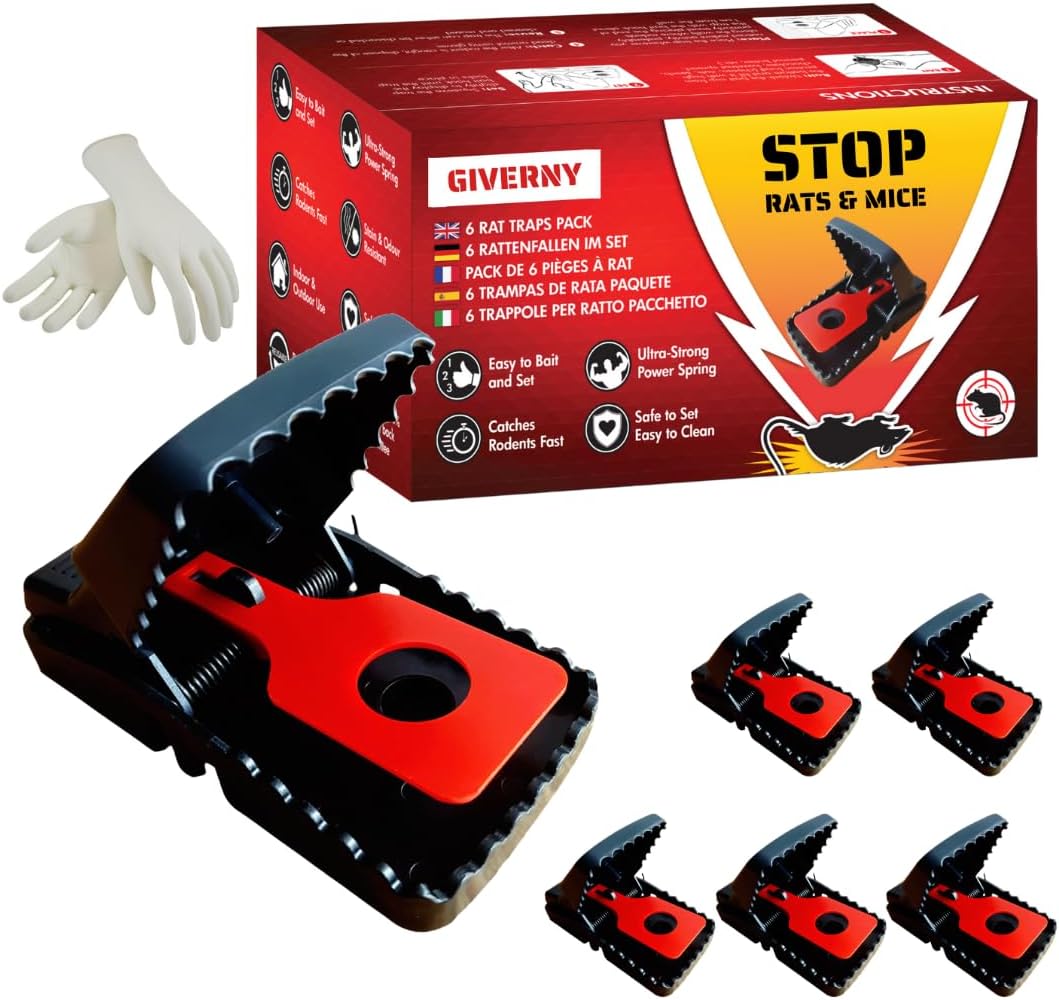 GIVERNYRat Traps, Mouse Trap for Home Use Indoor and Outdoor, Humane Easy to Bait Mice and Rats Killer, House Pest Control Snap Mousetrap, Rodent Killer Mousetraps that Kill Instantly, 6 Pack