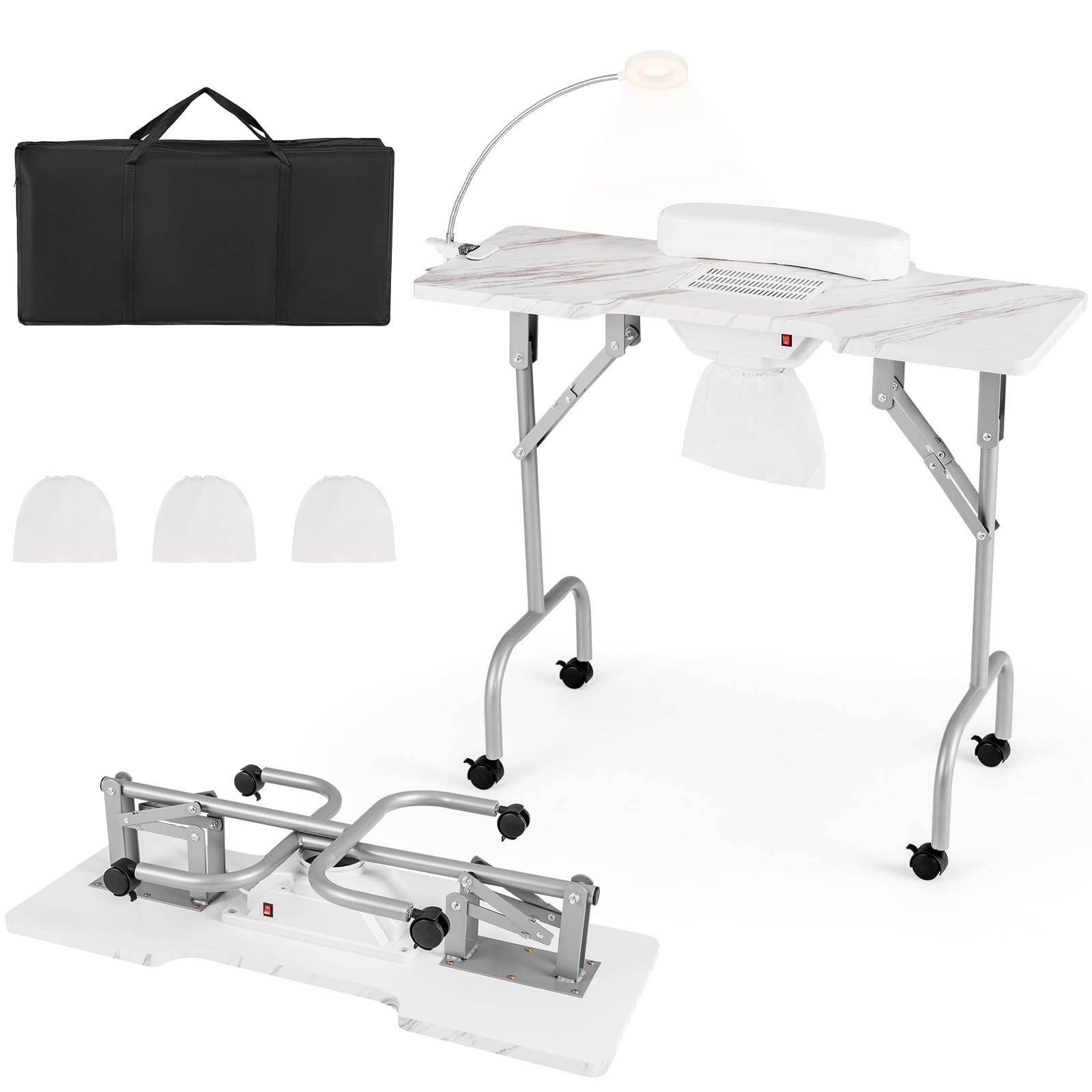 HOMASIS Mesa de manicura con aspiración y bolsa para aspiradora, mesa de manicura con ruedas, mesa de manicura portátil plegable con cojín de mano y bolsa de transporte, mesa de manicura móvil para