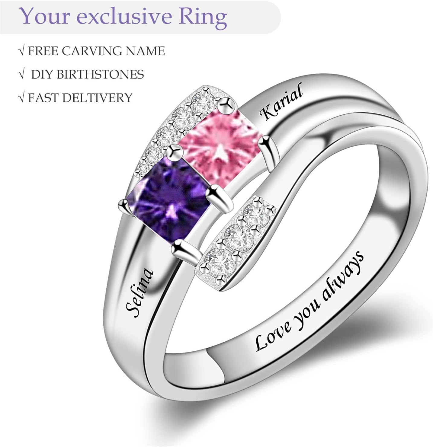 Personalized Sterling Silver Names Ring with 1-9 Simulated Birthstones for Women Free Engraving Family Rings for Mother Grandma Christmas Gifts for Her