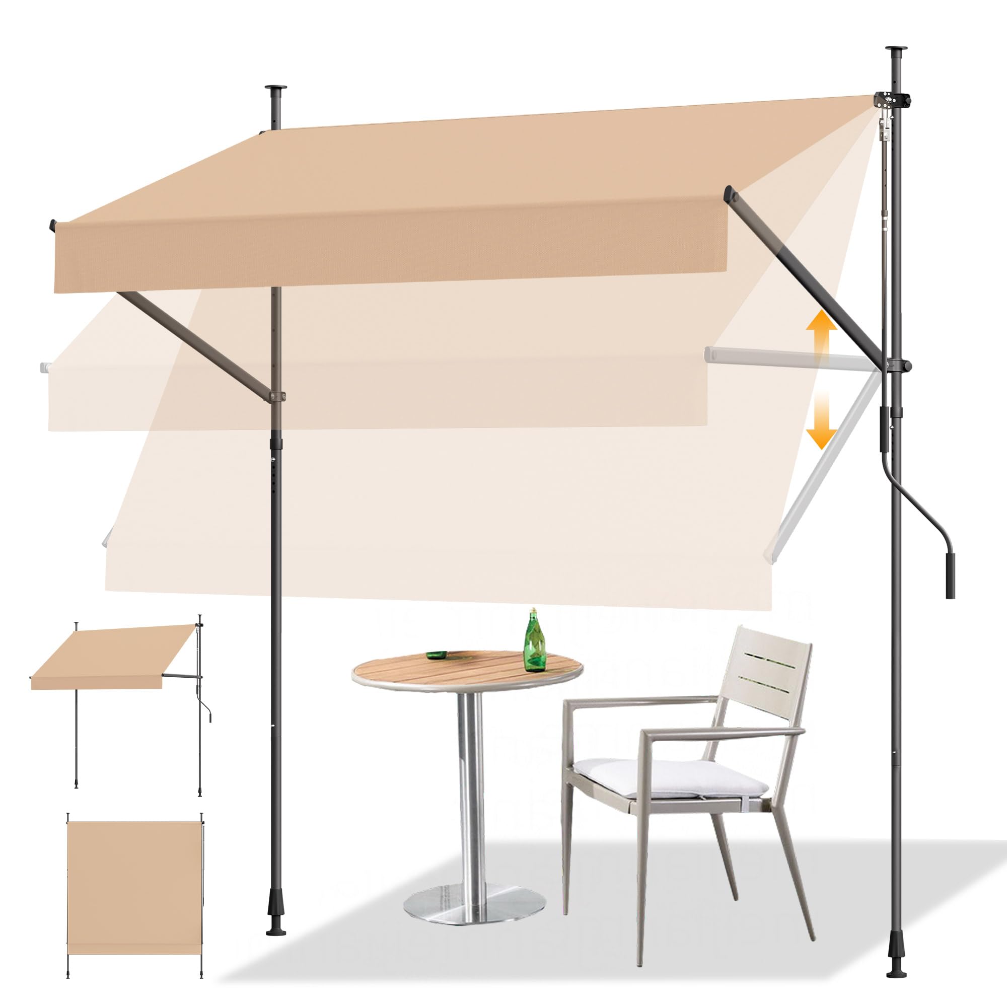 HOMEDEMO Klemmmarkise mit Einstellbare Handkurbel, Balkonmarkise ohne Bohren, Markise Sonnenschutz, UV-beständig & höhenverstellbar für Outdoor, Terrasse, Balkon, Garten, Khaki, 250 x 125 cm
