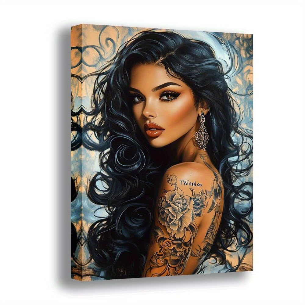 CWZBFEH Glamorous Tattooed Woman with Flowing Hair Canvas Artwork - Modern Living Room Decor Painting(40x50cm/No frame)
