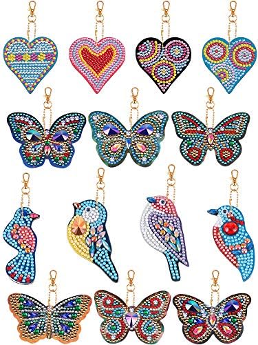 15 Pieces DIY Diamond Painting Keychains 5D Mosaic Making Full Drill Diamond Keychains Bird Butterfly and Heart Shape Pendant for Phone Bag Decor Accessory Art Craft DIY Supplies
