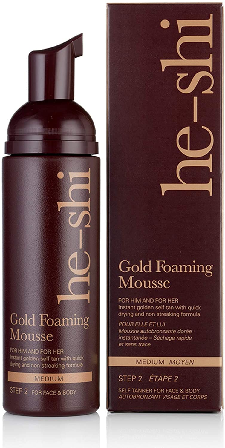 He-Shi Gold Foaming Mousse Instant Self-Tanning Foam - Kein Geruch von künstlicher Bräune - Formel für schnelles Trocknen ohne Streifen - Natürliche vegane Bräune - Künstliche Bräune für Körper und Gesicht (150 ml)