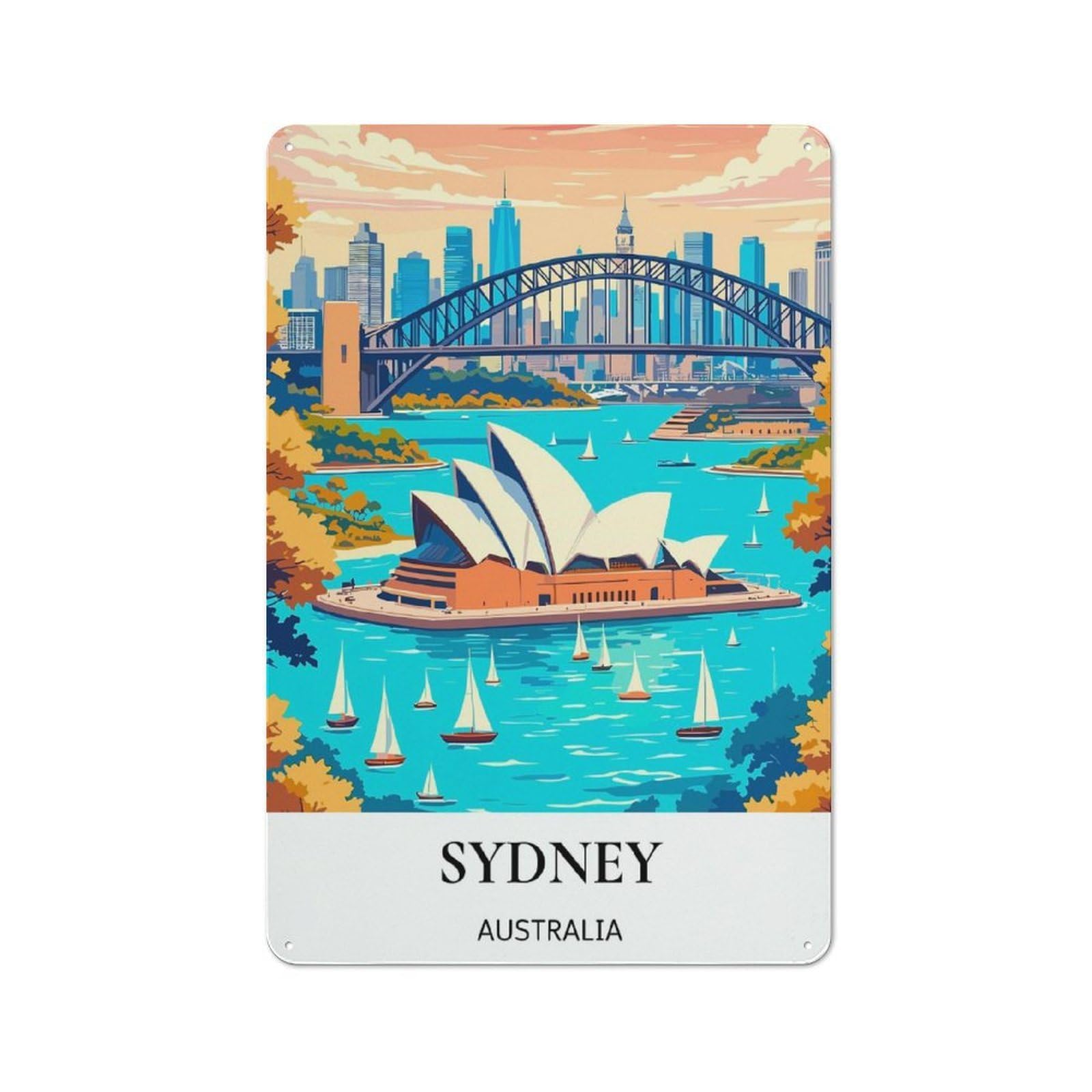 Nostalgic Decorative Tin Sign 30x20cm Featuring Sydney, Australia Cityscape, Old Style Wall Plaque for Kitchen, Hallway, Bar Or Small Cafe