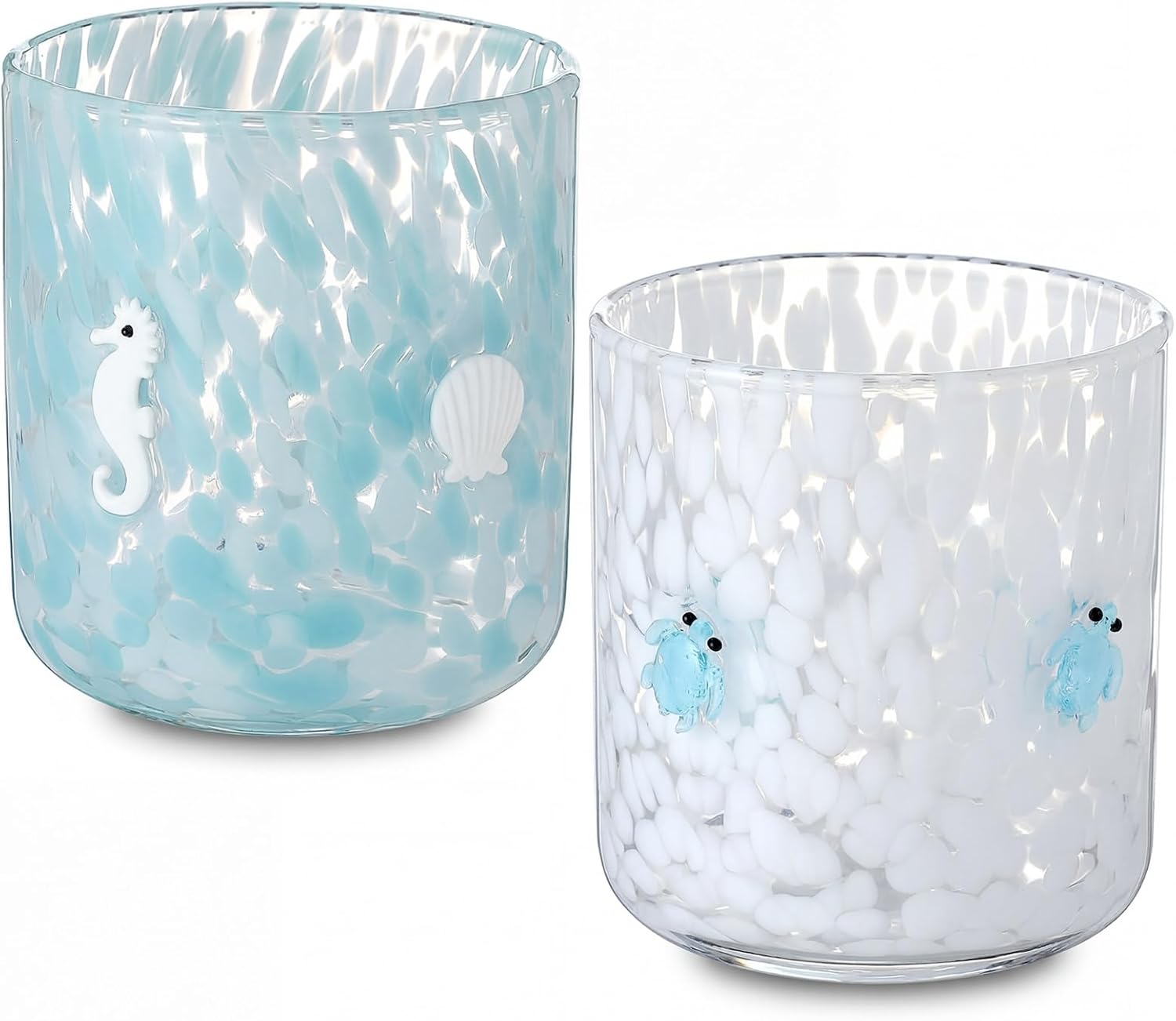 Mimorou 2 Pcs Summer Icon Juice Glass 14 Ounce Ocean Turtle Shell Themed Drinking Cocktails Glasses for Party, Cute Double Old Fashioned Reusable Cups for Home Bar Decor Lovely Gifts