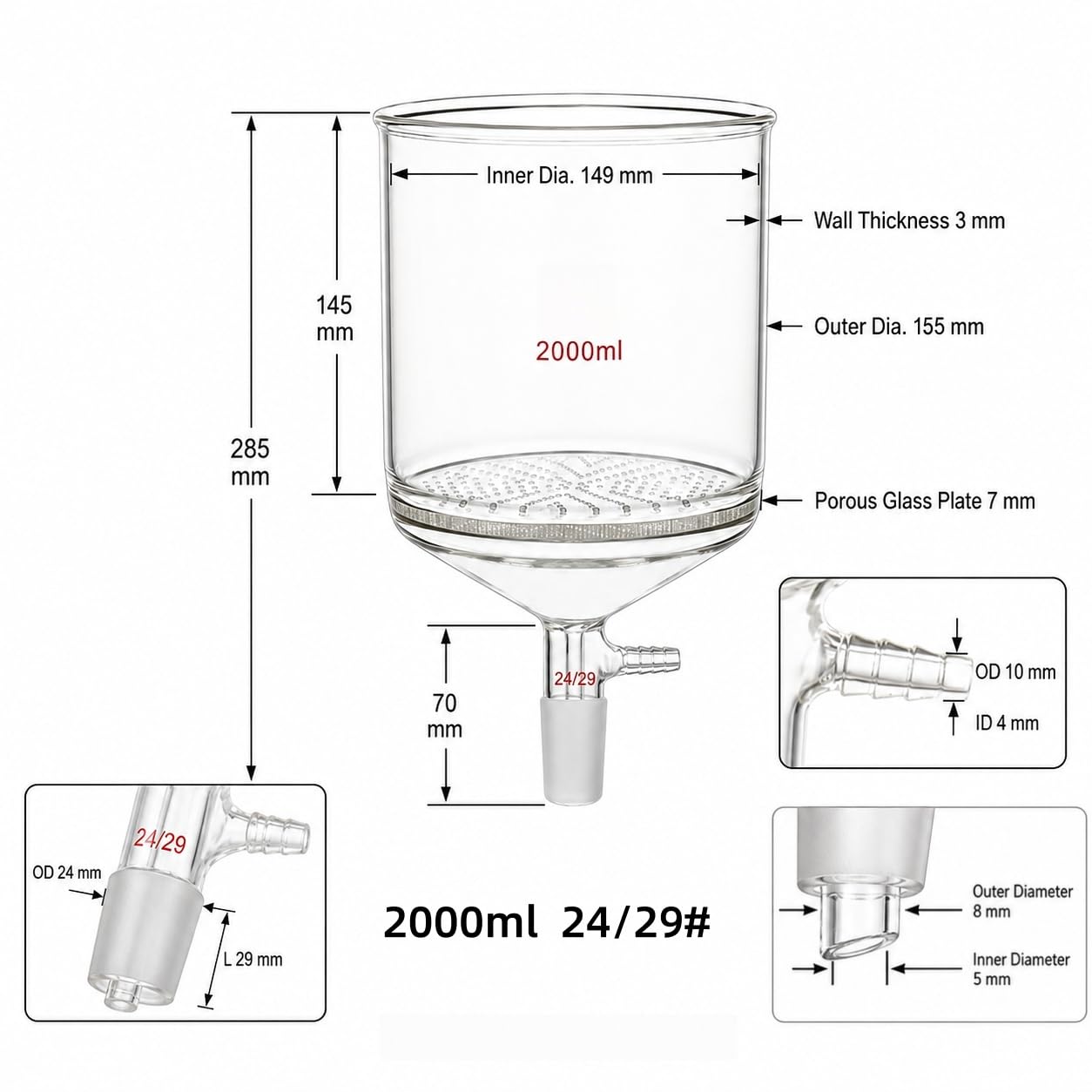Lejek Büchnera Porowata Płytka Szkło Borokrzemowe Próżnia Lab-24/29# 2000ml