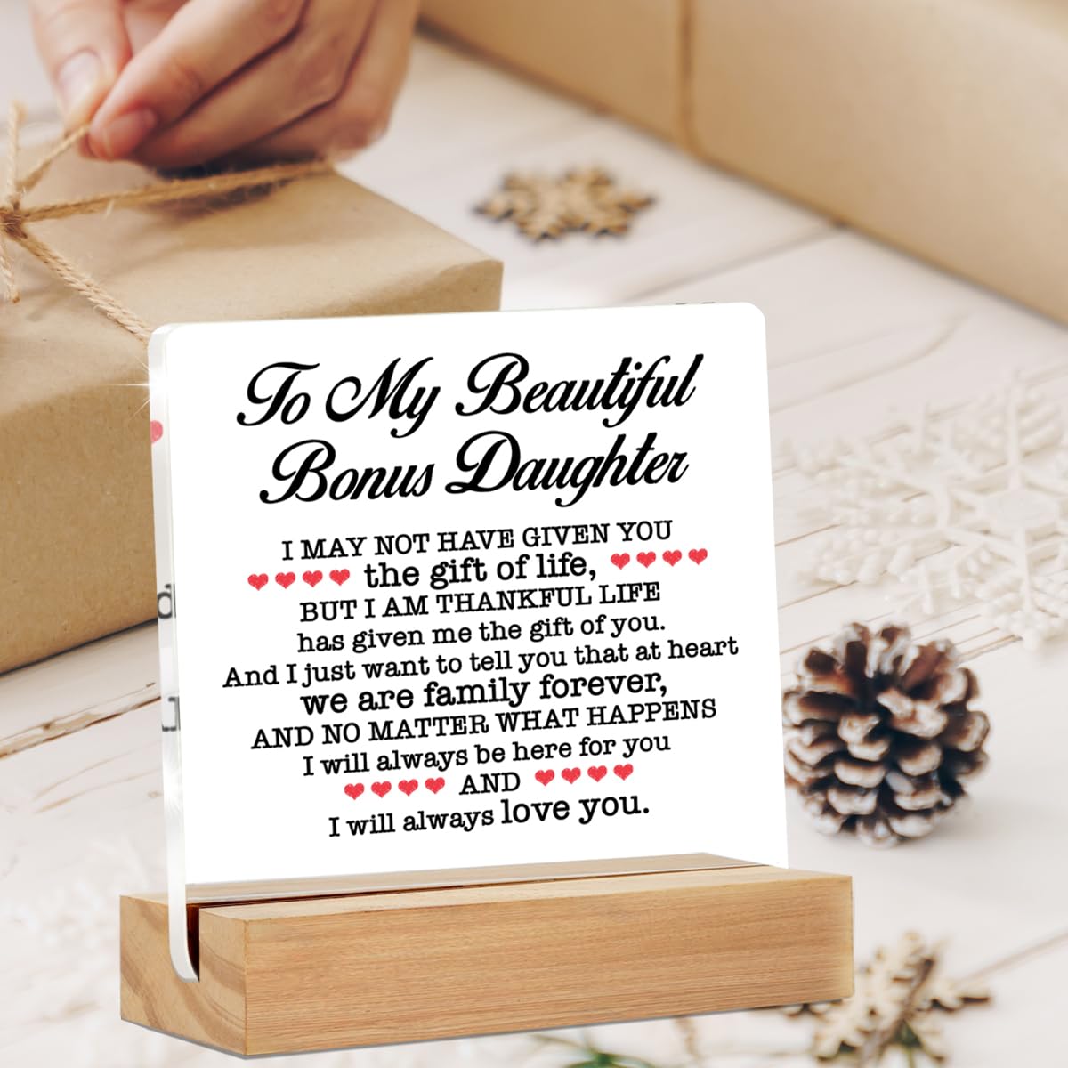 Bonus Daughter Gift - Gift for Bonus Daughter - Bonus Daughter Gift From Stepmom Stepdad - to My Beautiful Bonus Daughter Clear Desk Sign Decor Home Bedroom Desk Decor (4 x 4 Inches)