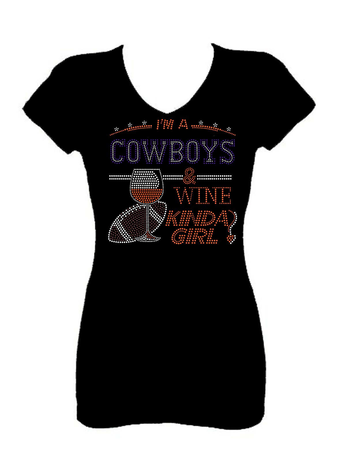 Cowboys & Wine Girl Rhinestone Football V Neck Short Sleeve Tee Shirt
